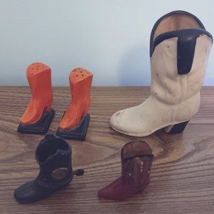 Lot five cowboy boot figurines metal Cheyenne WY wood 1940 ceramic Japan salt sh
